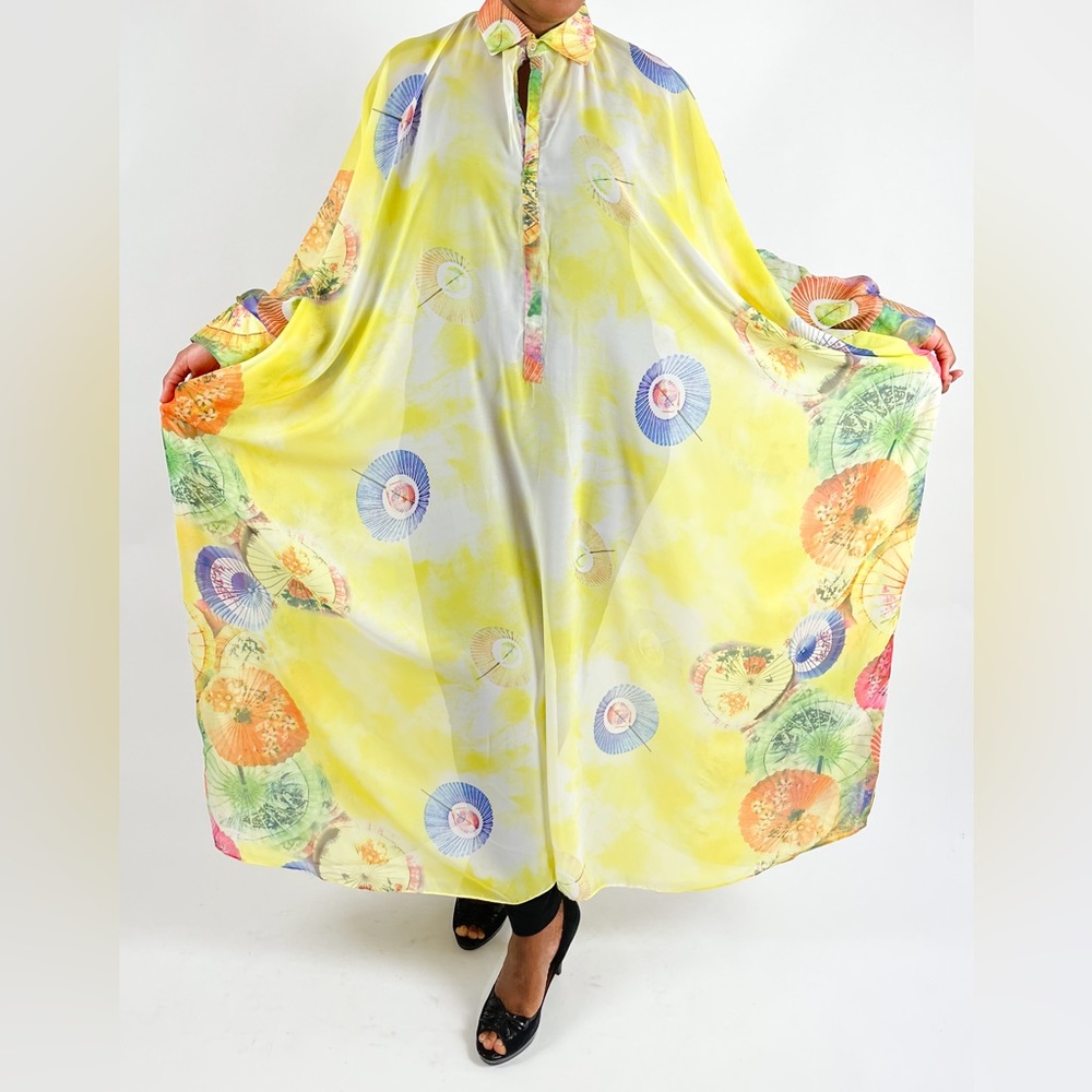 Yellow Multicolor Long Sleeve Chiffon Sheer Kaftan Maxi Dress